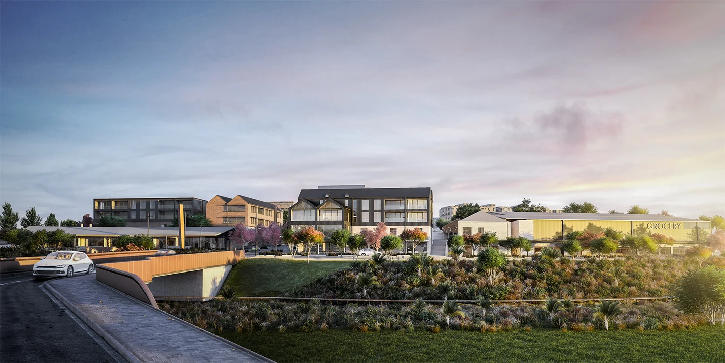 Architectural visualisation of Long Bay Village, with shops and buildings around landscaped public spaces.