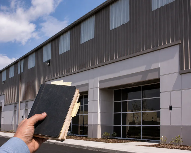 Conceptual edited photo of a hand holding a worn diary with sticky notes outside commercial units.